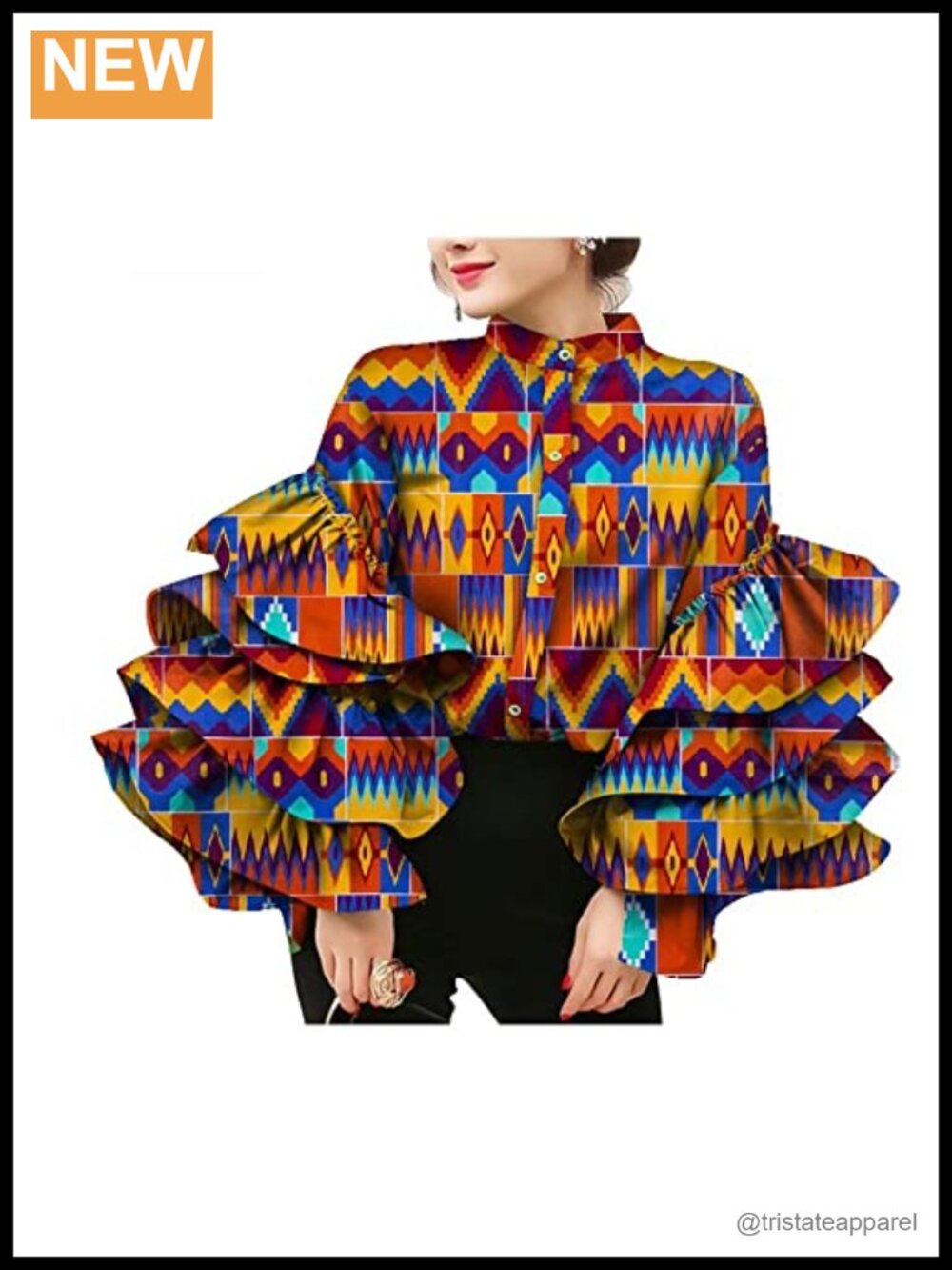 African Print Long Sleeve Shirt Square Collar Button Ruffle Hem